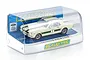 Scalextric 1/32 scale 1965 Ford Mustang slot car in white and green livery with number 1, displayed in its original clear plastic display case.