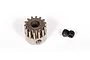 Axial 14T steel pinion gear with two small black grub screws on a white background.