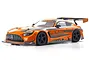 A studio shot of the Kyosho Inferno GT2 Race Spec 2020 Mercedes AMG GT3 RC car, featuring a bright orange and grey racing livery on a white background.