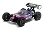 A Kyosho Inferno Neo VE 4.0 1/8 scale electric RC buggy with a purple and black patterned body shell, black wheels, and a rear wing.