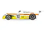 Side view of a white, yellow, and orange Scalextric 1/32 scale Mirage GR8 slot car, number 10, featuring sponsor decals like JCB, Total, and Goodyear.