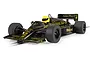 A 1/32 scale Scalextric Lotus 98T slot car in black and gold livery with Ayrton Senna's yellow helmet, shown on a white background.