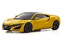 A studio shot of a yellow Kyosho Mini-Z Honda NSX RC car on a white background.