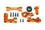 Traxxas orange anodized aluminium steering bellcrank set including various metal arms, a black plastic component, and small black screws.