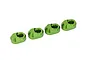 Four green anodized aluminium suspension pin retainers for Traxxas RC vehicles arranged in a row.