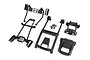 Traxxas body support set including various black plastic chassis braces, mounts, and a small bag of screws on a white background.