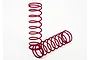 Two red metal coil springs for RC car suspension, one standing upright and one lying horizontally on a white background.