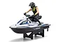 Kyosho Wave Chopper 2.0 RC jet ski in white and blue with a rider figure, mounted on a black display stand against a white background.