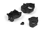 A set of black plastic RC transmission gearbox case components from HPI Racing, shown against a white background.