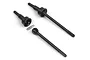 Two black steel CVD driveshafts for RC cars, one fully assembled and one partially disassembled with a small metal pin.