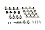 A collection of HPI Racing RC suspension parts including metal ball studs, bushings, and small pins arranged on a white background.