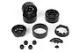 A set of four black HPI CS-10 beadlock rims for RC crawlers, including assembly hardware, screws, and wheel nuts on a white background.