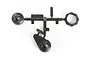 A black plastic parts tree containing shock components for an RC car, including two shock caps and a threaded collar, on a white background.