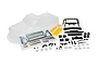 HPI Racing clear Toyota Hilux SR5 RC body shell with included decal sheet, black plastic accessories, and hardware components on a white background.