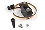 HPI Racing SD-02MGWR micro servo with metal gears, including a servo horn and mounting screws on a white background.