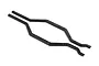 Two black steel C-channel chassis rails for an RC vehicle, shown from an elevated angle against a white background.