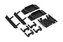 A set of black plastic RC car parts including skid plates, battery mounts, and chassis braces on a white background.