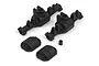 HPI Racing front and rear axle housing set for RC vehicles, including two main axle housings, two differential covers, and a small spacer.