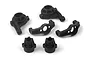 A set of black plastic RC steering hubs and suspension components from HPI Racing on a white background.