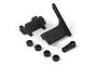 HPI Racing servo mount set including two black plastic chassis mounts, four hexagonal spacers, and a small servo arm on a white background.