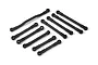 A set of nine black plastic RC suspension links of varying lengths and shapes arranged on a white background.