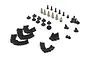 A collection of various black metal screws and silver pivot balls for the Maverick 1/18 Atom RC car, arranged on a white background.