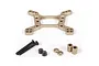 Axial aluminium front shock tower for RC cars, including mounting hardware, screws, nuts, and spacers on a white background.