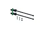 Two black metal CVD driveshafts with green aluminium wheel hexes, two metal pins, and two small grub screws on a white background.