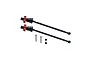 Two GPM Racing CVD driveshafts with orange aluminium wheel hexes, two metal pins, and two small grub screws on a white background.