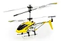 A yellow and black Syma S107H RC helicopter with white rotor blades, shown from a side angle against a white background.