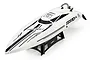 UDI Arrow RC speed boat in white with black racing stripes and branding, mounted on a black plastic display stand against a white background.