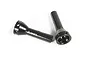 Two black metal Axial RC drive axles with a flared end and cross-drilled holes, isolated on a white background.