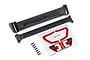 Traxxas Ford F-150 Raptor tailgate trim and mount set including plastic parts, screws, and decal sheet on a white background.