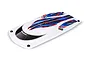 A white Traxxas Spartan SR RC boat hatch featuring red, blue, and black graphic decals and a black windshield area with the Traxxas logo.