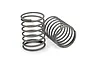 Two grey metal coil suspension springs for RC vehicles, one standing upright and one lying on its side against a white background.