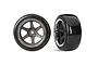 Two RC drift wheels with smooth black tyres and grey six-spoke rims with chrome lips, shown from front and angled perspectives.