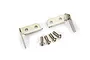 Two L-shaped metal trim tabs and four silver screws for a Traxxas RC boat.