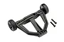 A black Traxxas wheelie bar assembly with two small wheels and two mounting screws on a white background.