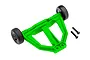A bright green Traxxas RC wheelie bar assembly with two black wheels and two included mounting screws on a white background.