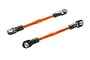 Two orange anodized aluminium RC turnbuckles with black plastic rod ends on a white background.
