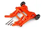 An orange Traxxas RC wheelie bar assembly with two small black wheels and three metal mounting screws on a white background.