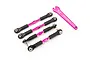 Traxxas pink aluminium adjustable turnbuckle set with four rods and a matching pink wrench on a white background.