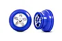 Two Traxxas 2.2/3.0 inch short course truck rims in blue plastic with chrome-finished five-spoke centers, shown from front and side angles.