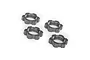 Four grey aluminium splined serrated wheel nuts for RC vehicles arranged on a white background.