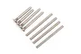 A set of Traxxas heavy duty suspension pins including four threaded screws and four smooth metal rods on a white background.