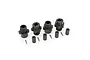 A set of four black plastic 17mm wheel hex adapters with threaded shafts, accompanied by four small metal pins and four black cylindrical spacers.
