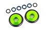 A pair of bright green aluminium wheelie bar wheels with black rubber tires, accompanied by four ball bearings and two washers on a white background.