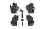 A set of black plastic Axial gearbox case components arranged on a white background.
