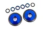 Traxxas blue aluminium wheelie bar wheels set including two wheels, four ball bearings, and two washers on a white background.