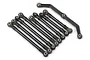 A set of nine black plastic suspension linkages for Traxxas RC vehicles, including eight straight rods and one bent rod, arranged on a white background.